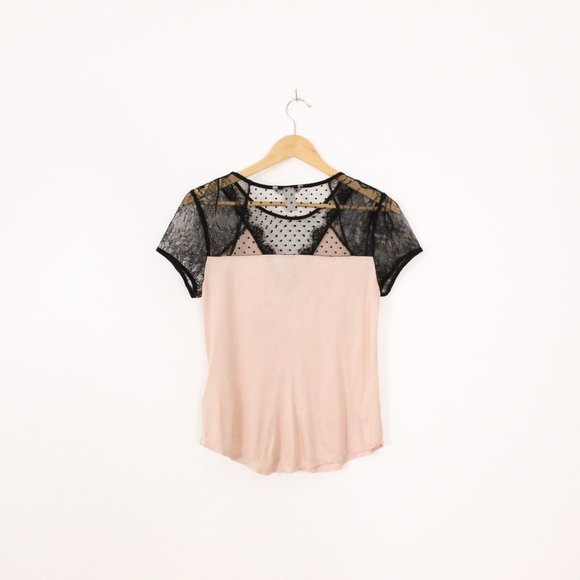 *H&M Blush Pink and Black Lace V Neck T Shirt Blouse - Picture 4 of 4